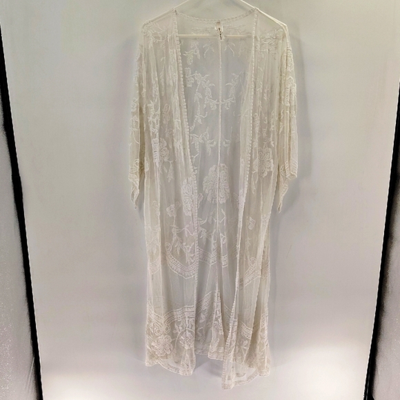 Now N Forever Lace Mesh Open Duster White OS Long Kimono Swim Cover - Picture 1 of 7